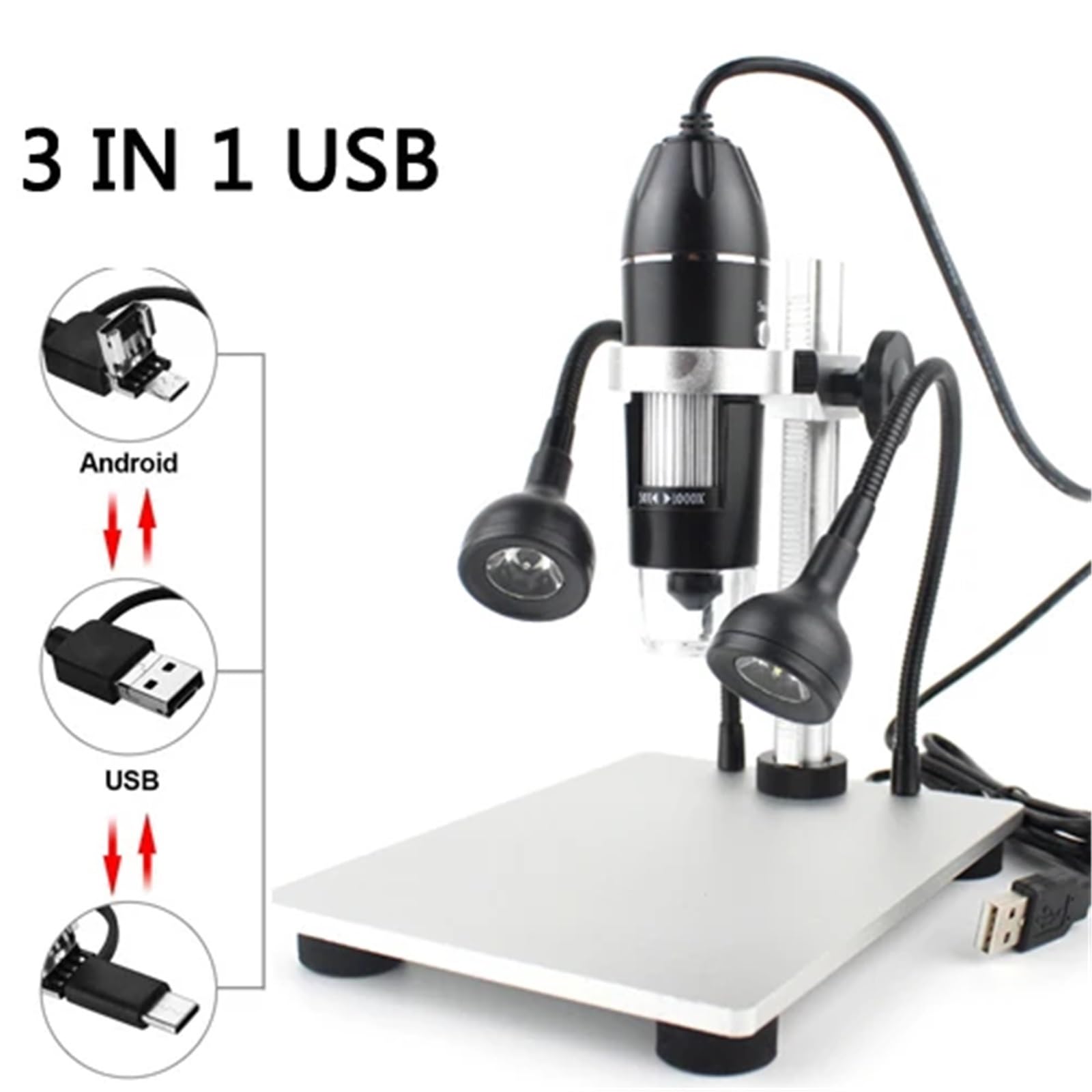 Profesjonalny mikroskop cyfrowy USB 1600X 1000X LED elektroniczny mikroskop endoskopowy powiększający aparat powiększający + aluminiowy stojak podnoszący (3 w 1 USB)
