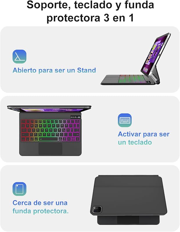 FOGARI Bluetooth Billentyűzet iPad Air 11/5/4 és Pro 11 Modellekhez - QWERTZ Touchpad, 7 Színű Háttérvilágítás, Fekete