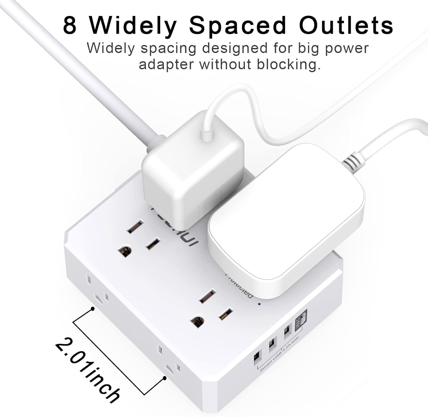 Surge Protector Power Strip - 20 Ft Flat Plug Extension Cord with 8 Widely Outlets and 4 USB Ports(1 USB C), 3 Side Outlet Extender for Home Office, White, ETL Listed