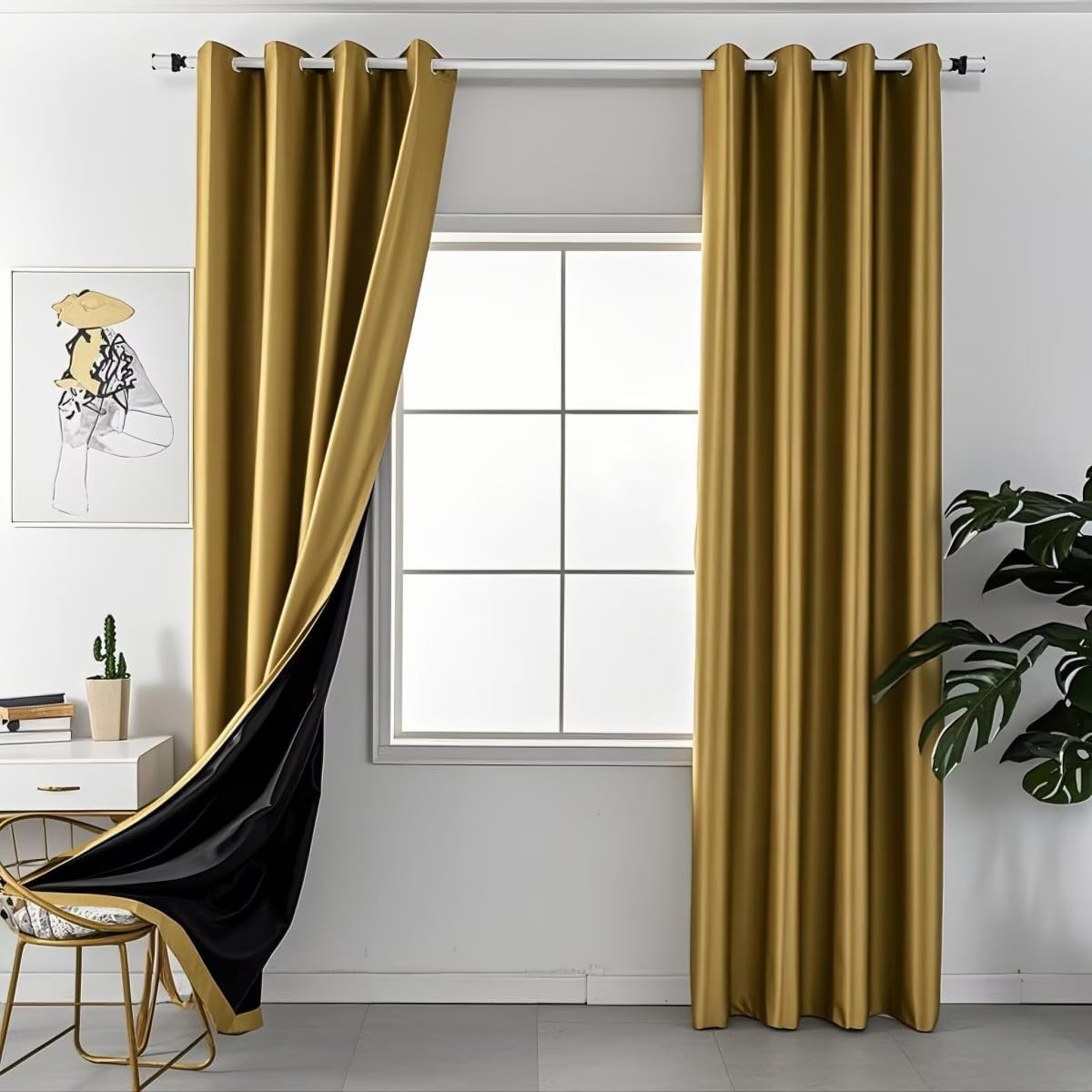 Amidoudou Luxurious Full Blackout Curtains | Gold | 2 Panels 52 x 106 | Thermal Insulated & Noise Reducing