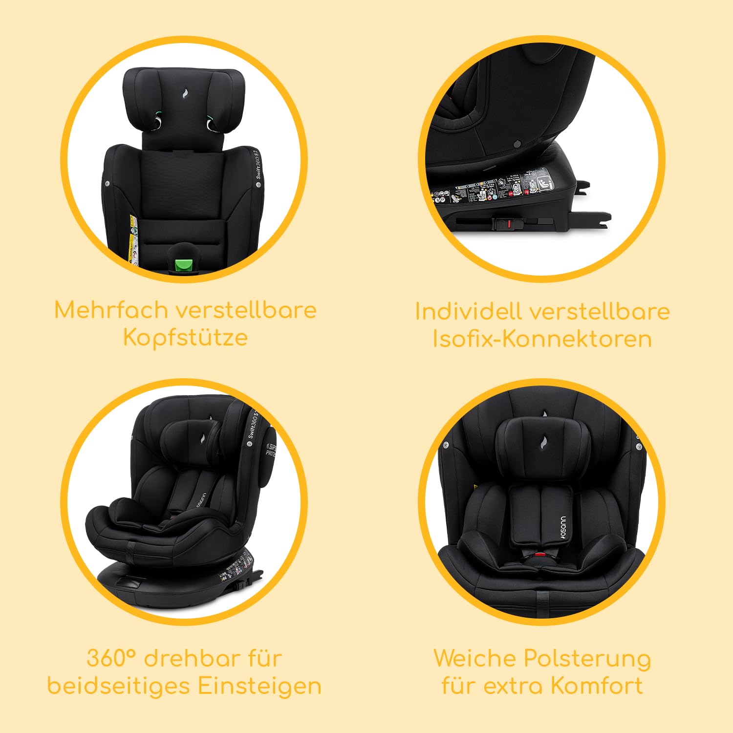 Osann Swift360 S 2 Reboarder 360 drehbar mit Isofix, Kindersitz ab 1 Jahr | Kinderautositz 76-150 cm, drehbarer Kindersitz 9-36 kg mit Isofix, erleichtert das Anschnallen, bequem & sicher - All Black