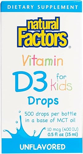 Factores naturales, Vitamina D3 gotas 400 IU, soporta huesos fuertes, dientes y función inmune con semillas de lino, palma y aceites de coco, 0.5 fl