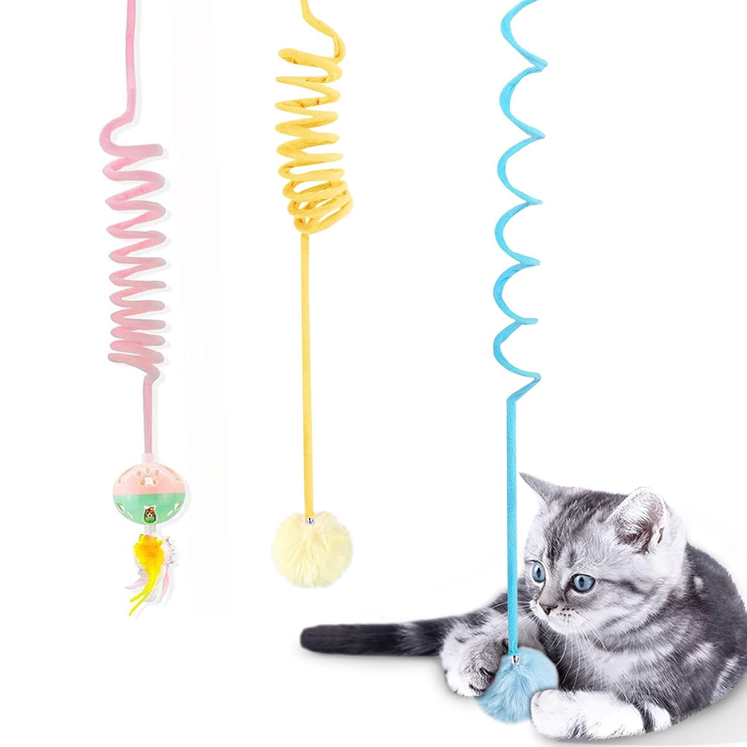 3PCS Cat Spring Toys,Soft Plush Hanging Door Interactive Cat Toys,Hanging Stretchable Cat Toy with Bell,Indoor Cat Toy for Kitten Chasing and Playing