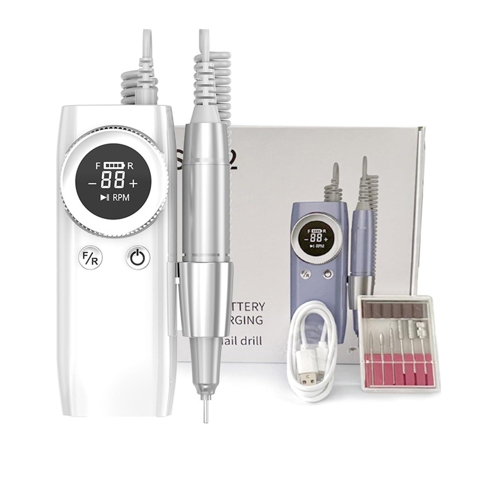 Trapano for Unghie 45000 RPM for Manicure con Display LCD Levigatrice for Unghie Tornio for Unghie Ricaricabile Trapano Elettrico a Batteria for Gel(White)