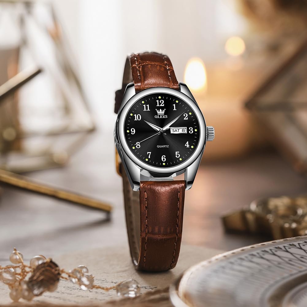 OLEVS Damen-Armbanduhr, Quarz, Lederband, Tag und Datum