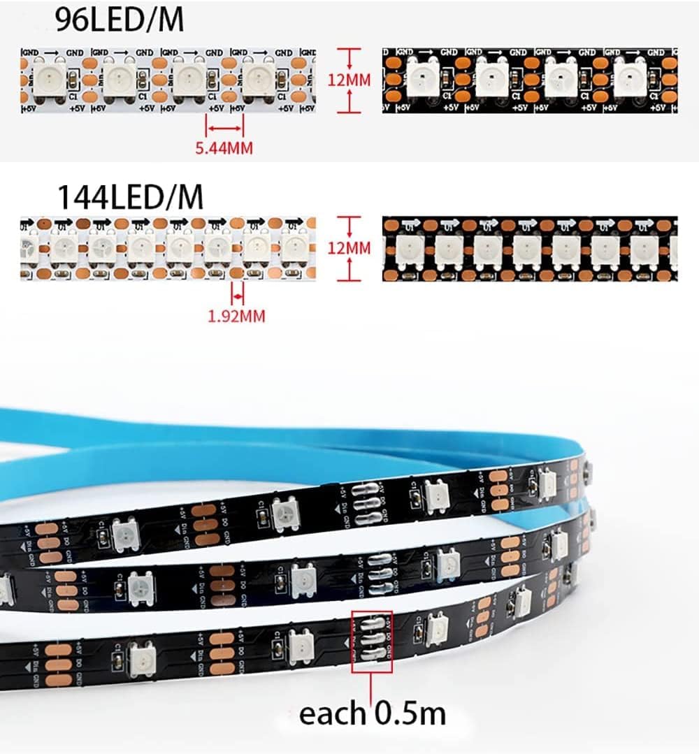 Diagram showing dimensions for 96 and 144 LED/M strips and cut points