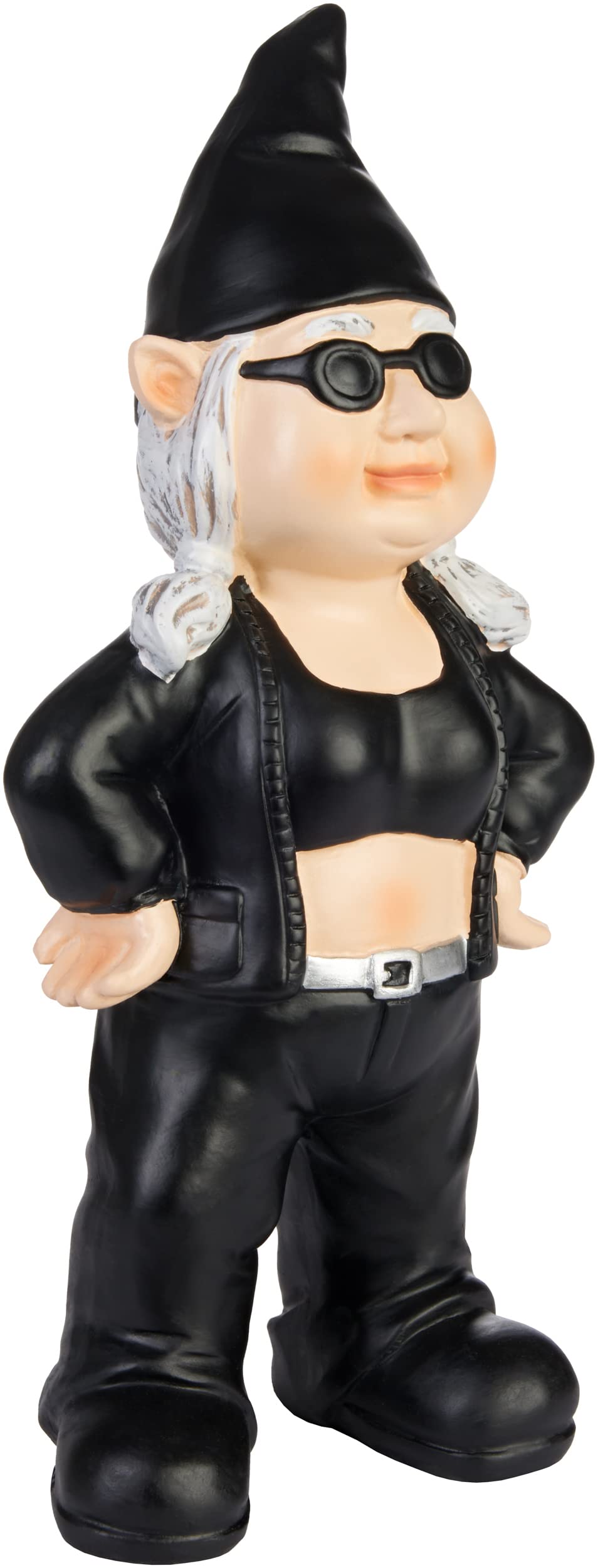 BRUBAKER Gnomo de Jardín Guay Motorista Negra - Enana Rockera con Gafas de Sol - Divertida Decoración Resistente a la Intemperie para el Jardín y Camping - 23 cm de Altura