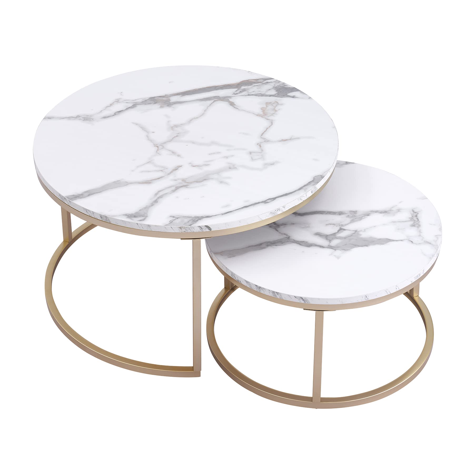 Rund Satztische Couchtisch 2er Set, Moderner Nesting-Tisch mit Stabilem Metallgestell, Geeignet für Wohnzimmer, Balkon, Büro, Groß: 80 * 80 * 45cm; Klein: 60 * 60 * 35cm (Weiß/Gold)