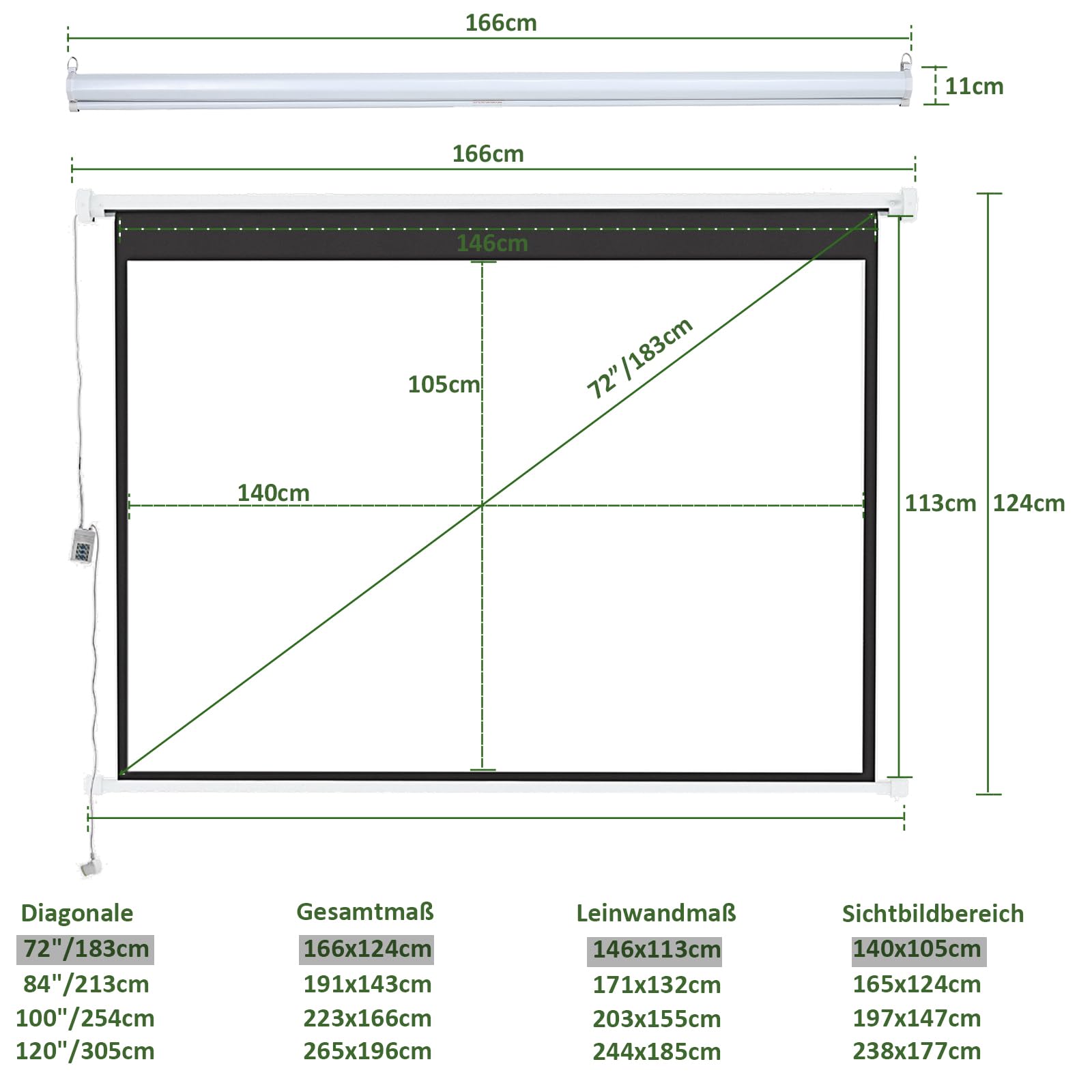 INMOZATA Beamer Leinwand Elektrisch 72 Zoll/ 166x124cm 4:3 Motorleinwand | Elektrische Leinwand Deckenmontage & Wandmontage, Projektor Leinwand Beamer mit Fernbedienung für Heimkino Büro, Weiß