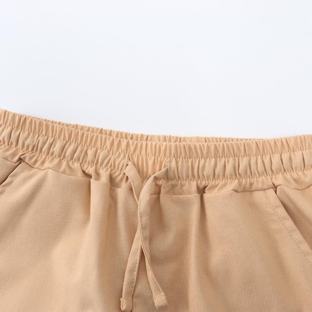 Spring&Gege Pantalones cortos de lino para niños, casuales, sin cierre, cintura elástica, cordón de ajuste, pantalones cortos de playa para verano