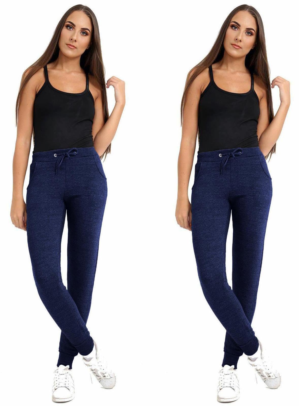 True Face Women's Navy Trousers Regular Fit Sweatpants Bottoms Fleece Skinny Joggers Jogging Gym Lounge Fleece Pants L