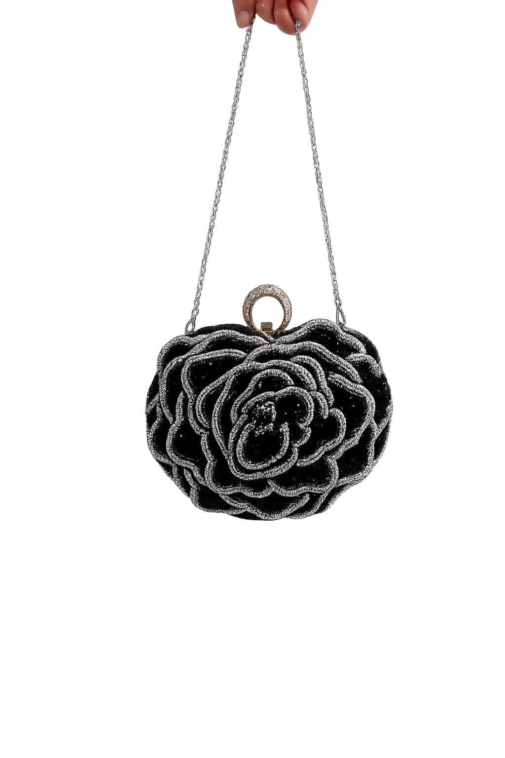 Beaded Evening Clutch, Black and Silver, Rose Flower Design, Ring Handle, Formal Occasion Handbag-image-3