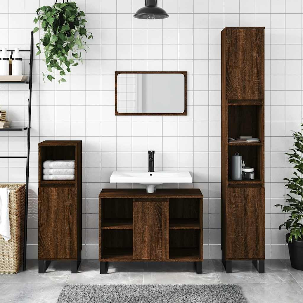Szafka łazienkowa, brązowa, imitacja dębu, wykonana z materiału drewnopochodnego, 80 x 33 x 60 cm, 1 drzwi i 4 otwarte półki, żelazne nóżki, elastyczna konstrukcja drzwi, miejsce do