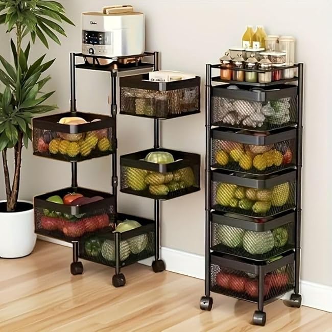5-Tier Rotating Kitchen Storage Shelf - Square Metal Multi-Layer Fruit Vegetable Basket Organizer on Wheels,Freestanding Storage Rack for Kitchen, Bathroom, Pantry(Black)-eEjM6lRX