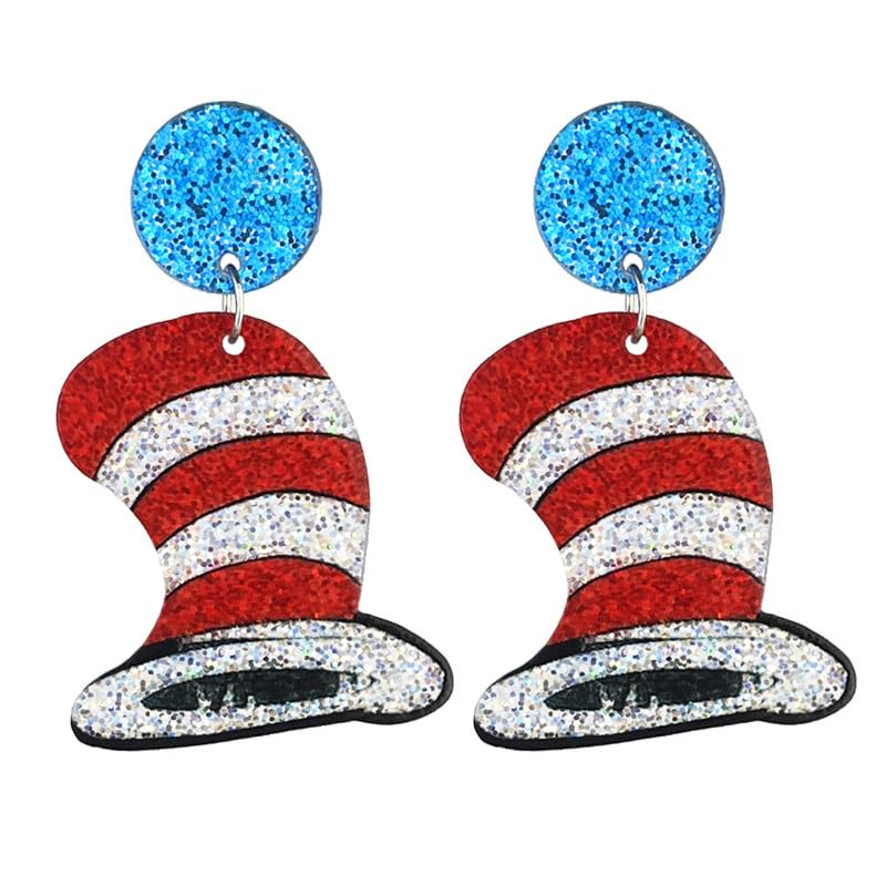 Funny Acrylic Dr. Seuss Day Drop Dangle Earrings Shiny Cat Dog Book Earrings Graduation Back to School Gift for Teacher Librarian(Red Hat B)