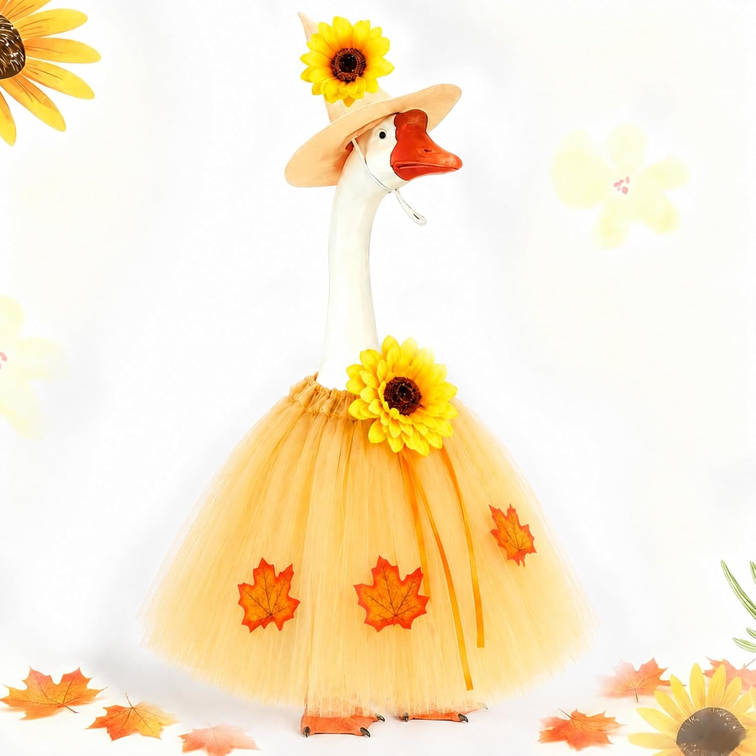 Fall Porch Goose Outfits for 23" Statues, Geese Clothes with Daisy Hat | Exquisite porch goose dress with realistic maple leaves and an elegant skirt for charming fall porch and garden décor