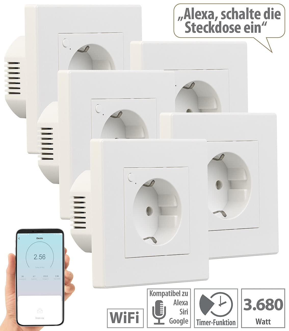 Luminea Home Control Smarthome-Steckdose: 5er-Set WLAN-Unterputz-Steckdosen mit Verbrauch-Messung, App, 3.680 W (Alexa-Steckdose Unterputz, WiFi)
