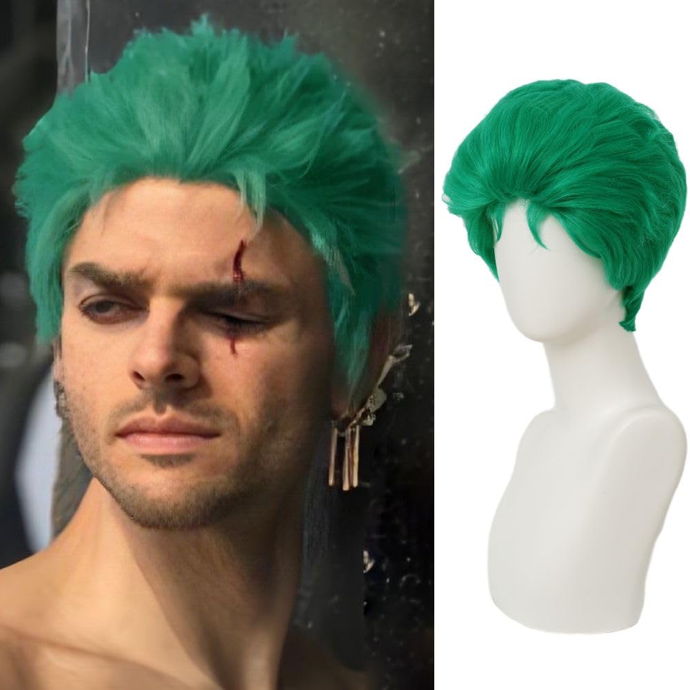 Siudus Green Short Anime Wigs for Men Layered Straight Synthetic Fibre Male Hair Wig for Cosplay Costume Halloween Use
