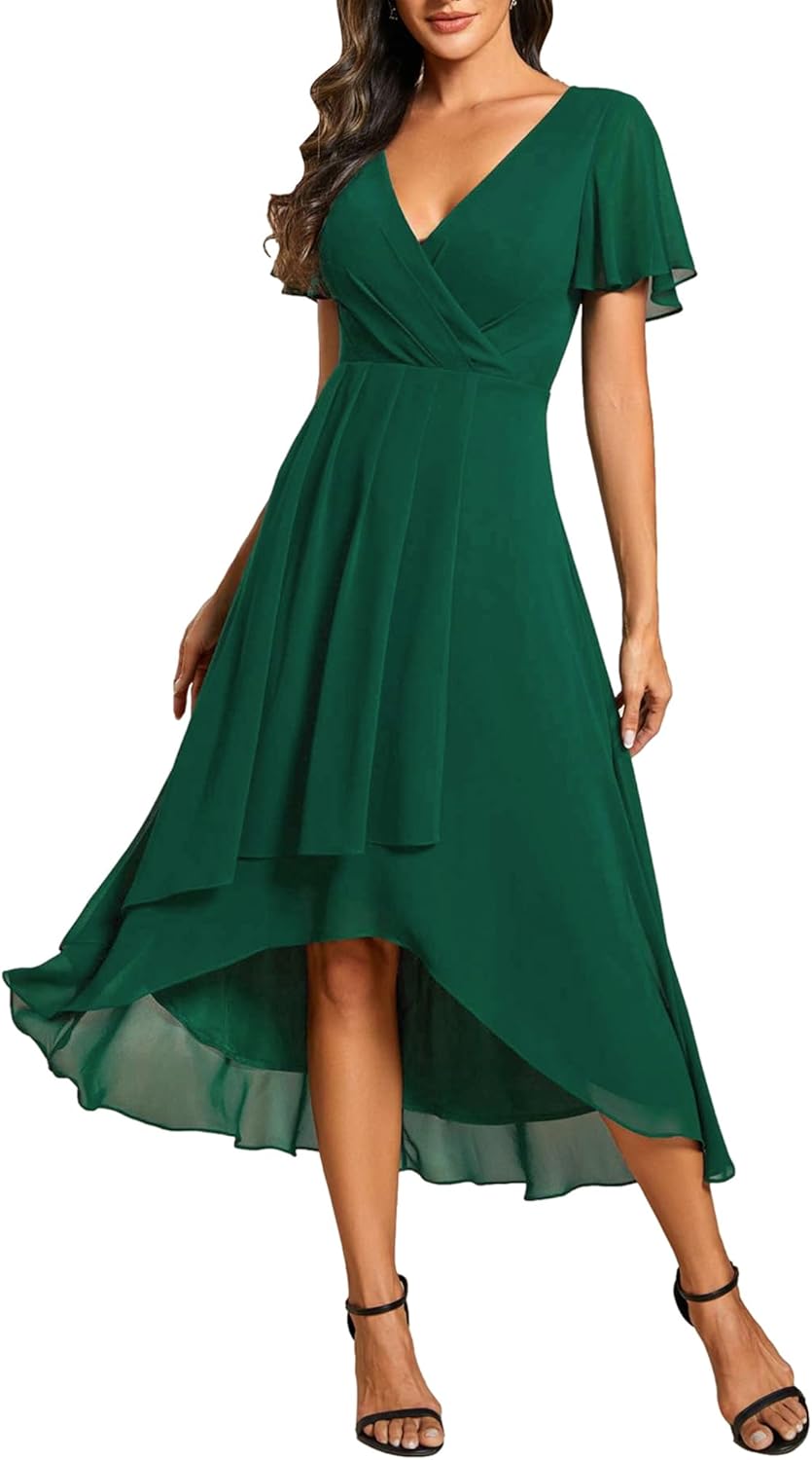 Ever-Pretty Women's Spring Chiffon Semi Formal Dresses V Neck Ruffle Sleeves High Low Cocktail Dress for Wedding Guest 2084