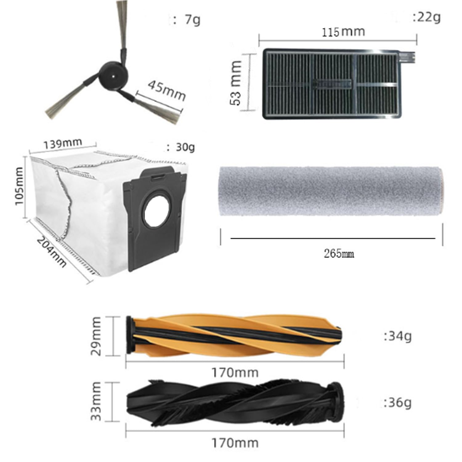 Zestaw akcesoriów do odkurzacza Aqua10 Ultra – zawiera 4 szczotki główne, 8 szczotek bocznych, 8 worków na kurz, 4 mopy rolkowe, 8 filtrów HEPA dla najwyższej wydajności czyszczenia