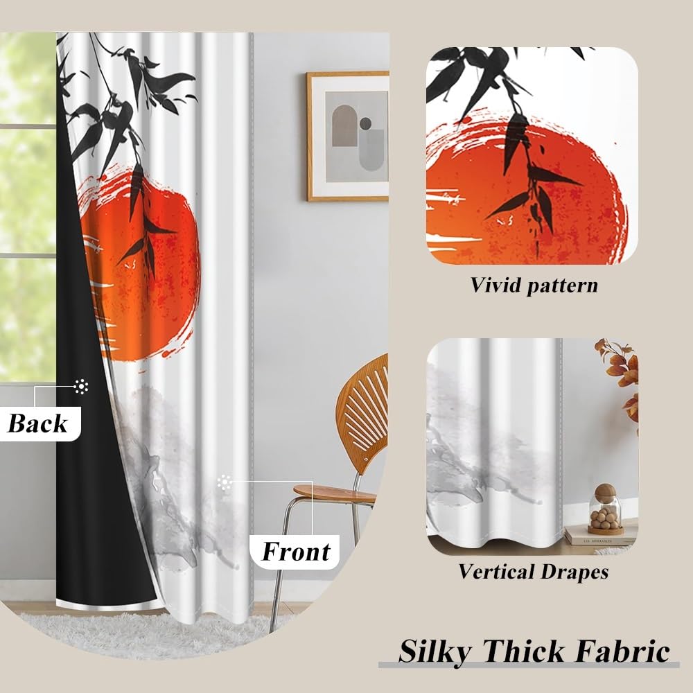 Cortinas japonesas con pintura de tinta, monte Fuji, sol rojo, atardecer, hojas de bambú, cortinas de ventana para dormitorio, sala de estar, estilo asiático japonés, cortinas de cocina, juegos