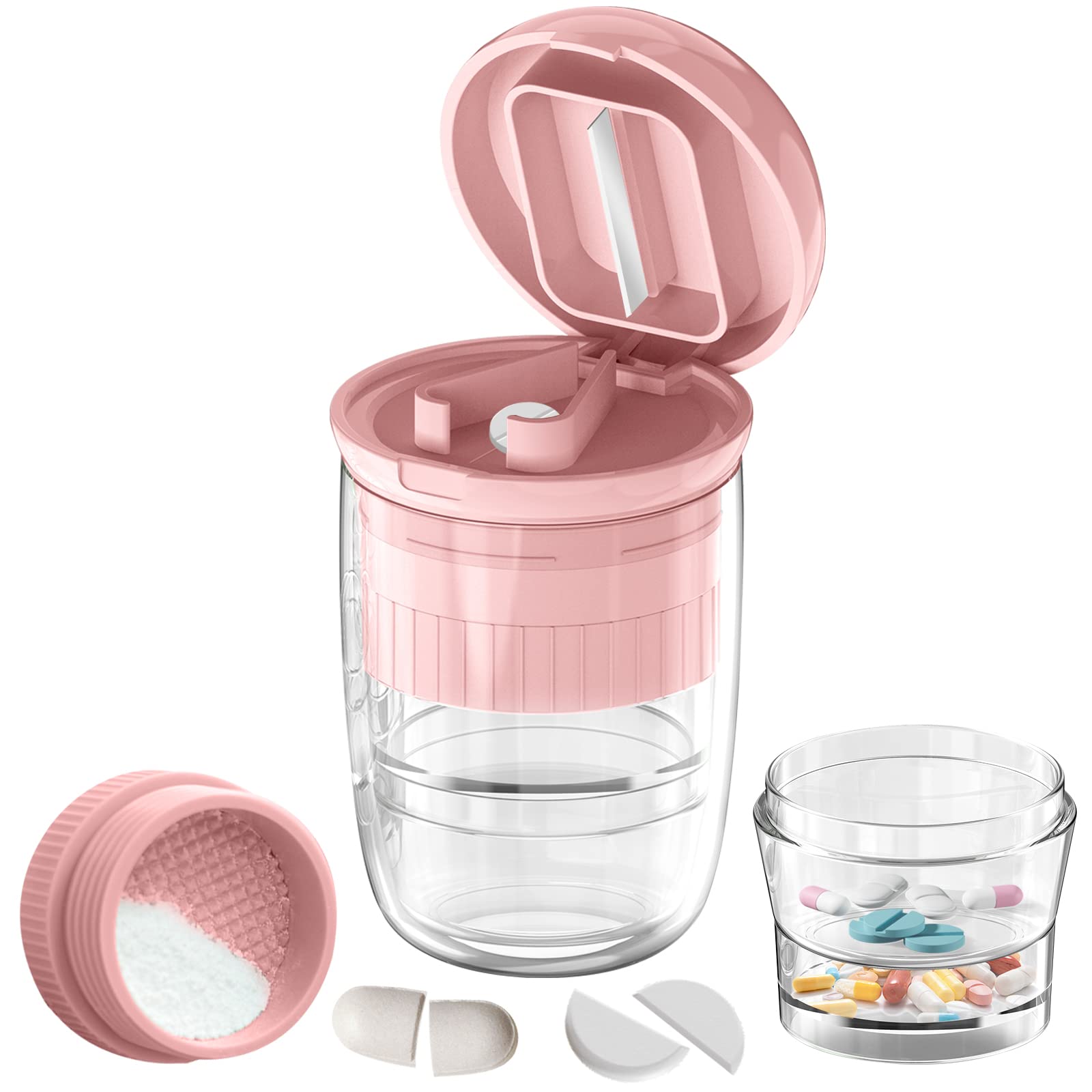 GLODEALSPill Cutter Splitter with Dispenser, Pill Cutter for Small or Large Pills, Crushes Pills, Vitamins, Tablets, Stainless Steel Blade, Removable Drinking Cup (Pink-1)