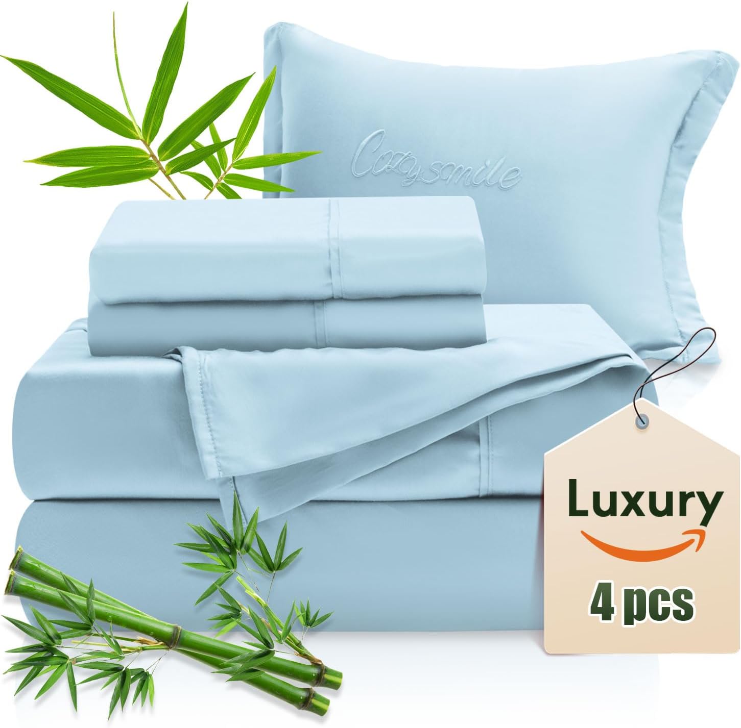 Bamboo Sheets Queen Sheets Set,100% Organic Viscose Derived from Bamboo Bed Sheet Set,Luxuriously Soft & Cooling,4 Pcs Bedding Set with Deep Pockets, Wrinkle Free,Double Stitched Seams( Sky Blue )