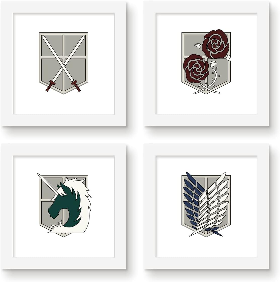 Trends International Gallery Pops Attack on Titan - Regiment Emblem Wall Art Bundle (4-Pack) Wall Poster, 12" x 12", Black Frame Version