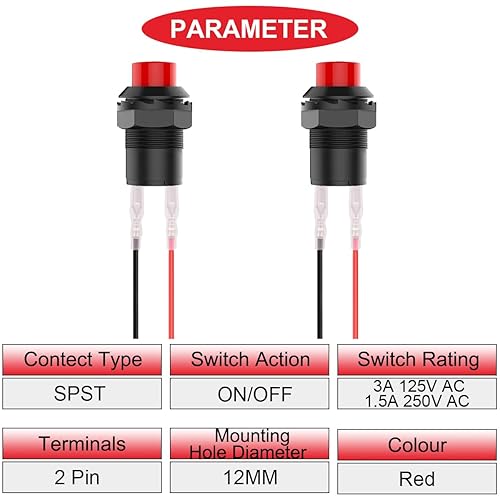 Vista 85 de 15 interruptores de botón redondos de 0.276 in rojo/verde, 1A, 250 V CA, 2 pines SPST ON OFF momentáneo, interruptor de botón con cables de terminal