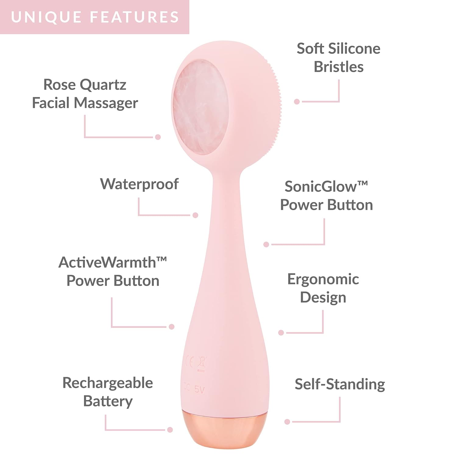 PMD Clean Pro RQ - Smart Facial Cleansing Device with Silicone Brush & Rose Quartz Gemstone ActiveWarmth Anti-Aging Massager - Waterproof - SonicGlow Vibration : Everything Else