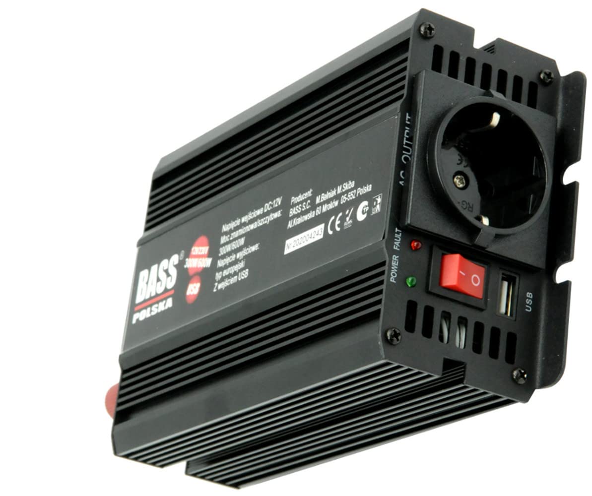 BASS POLSKA Przetwornica Napięcia do Elektronarzędzi Pieców CO Maszyn do Szycia Wentylatorów Komputerów Zamrażarek 12V 230 V 50 Hz z Pełnym Sinusem Moc Szczytowa 600W