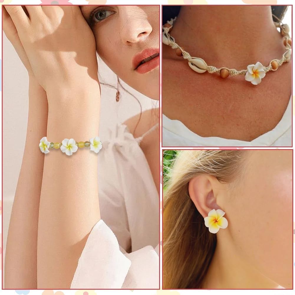 SUNNYCLUE 1 Box 100Pcs 15mm Plumeria Flower Beads Hawaiian Flower Beads White Frangipani 3D Clay Summer Hawaii Beach Floral Loose Spacers for Jewelry Making DIY Crafts Supplies Bracelets Earring
