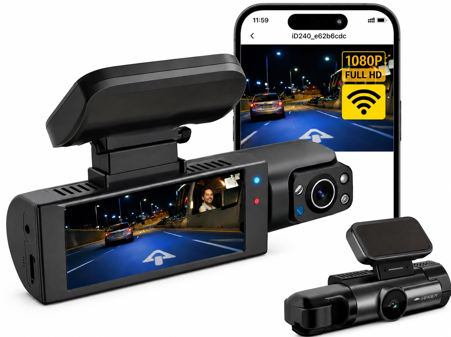 Dash Cam doppia fotocamera WIFI 1080P per auto, anteriore e interna, Angolo di Visione 170°, Supporto 64gb, Super HD Telecamera Auto con visione notturna IR, Registrazione in Loop, DVR grandangolare