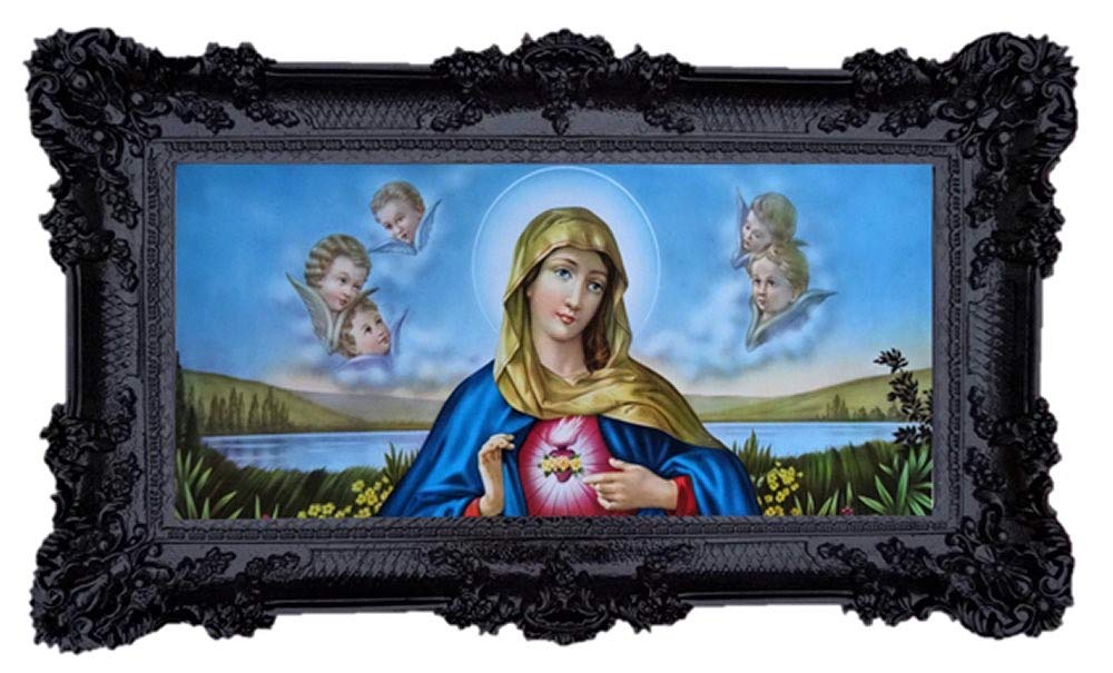 A.Collino piękny repro barokowy antyczny wygląd oprawiony obraz z ozdobnymi dekoracjami, zamontowany w ramie, motyw Jezus Maryja Józef Sacra rodzina ikony Repro 96 x 57 cm - czarny