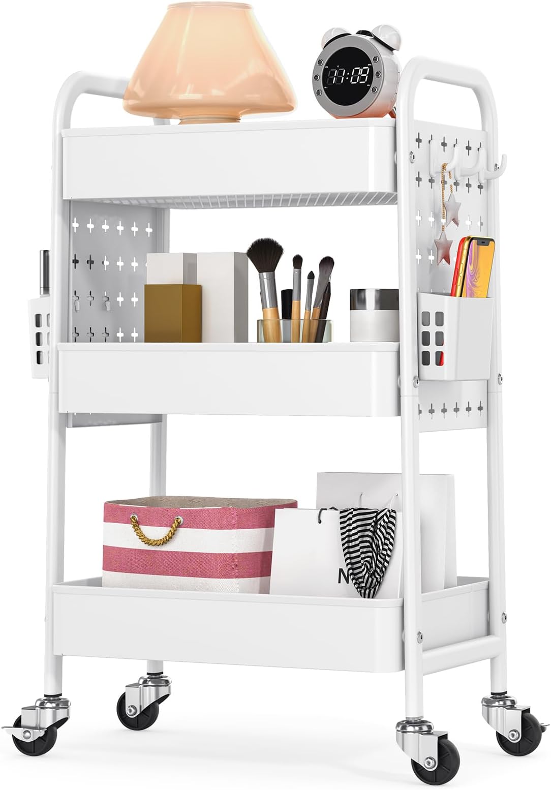 TOOLF Metal Rolling Storage Cart, 3-Tier Utility Mobile Cart with DIY Pegboards, Serving Trolley Cart with Baskets Hooks, for Kitchen, Bathroom, Office, Home, Classroom (Light White)