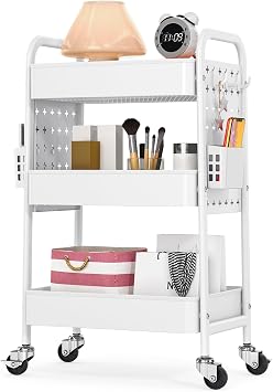 TOOLF Metal Rolling Storage Cart, 3-Tier Utility Mobile Cart with DIY Pegboards, Serving Trolley Cart with Baskets Hooks, for Kitchen, Bathroom, Office, Home, Classroom Light White