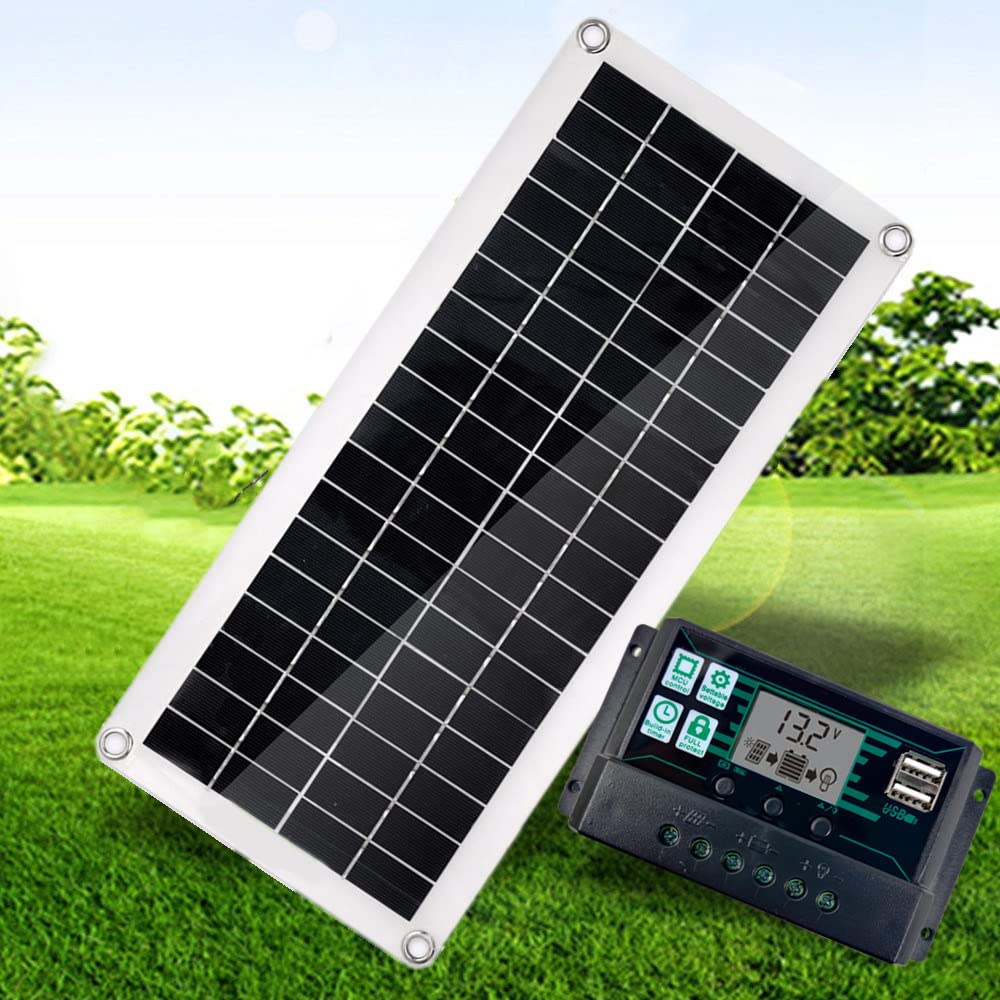 Pannello Solare Flessibile 30W + Regolatore 10A/20A/30A/40A/50A/60A + Accessori, Caricabatterie Solare Portatile 12V USB Policristallino Campeggio Viaggio Batteria Esterna 60Acontroller