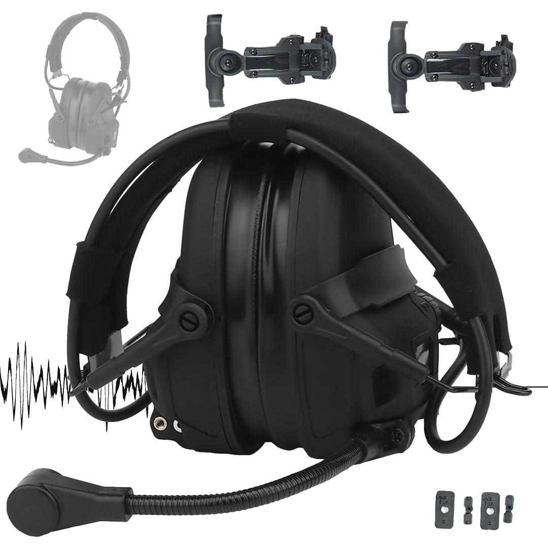Taktisches Headset-Set mit Geräuschunterdrückung und Soundabnehmer, mit Helmschienen-Adapter, Jagd-Schießen, Airsoft-Ausrüstung, Gehörschutz, Komms-Kopfhörer (ANC-Schwarz)