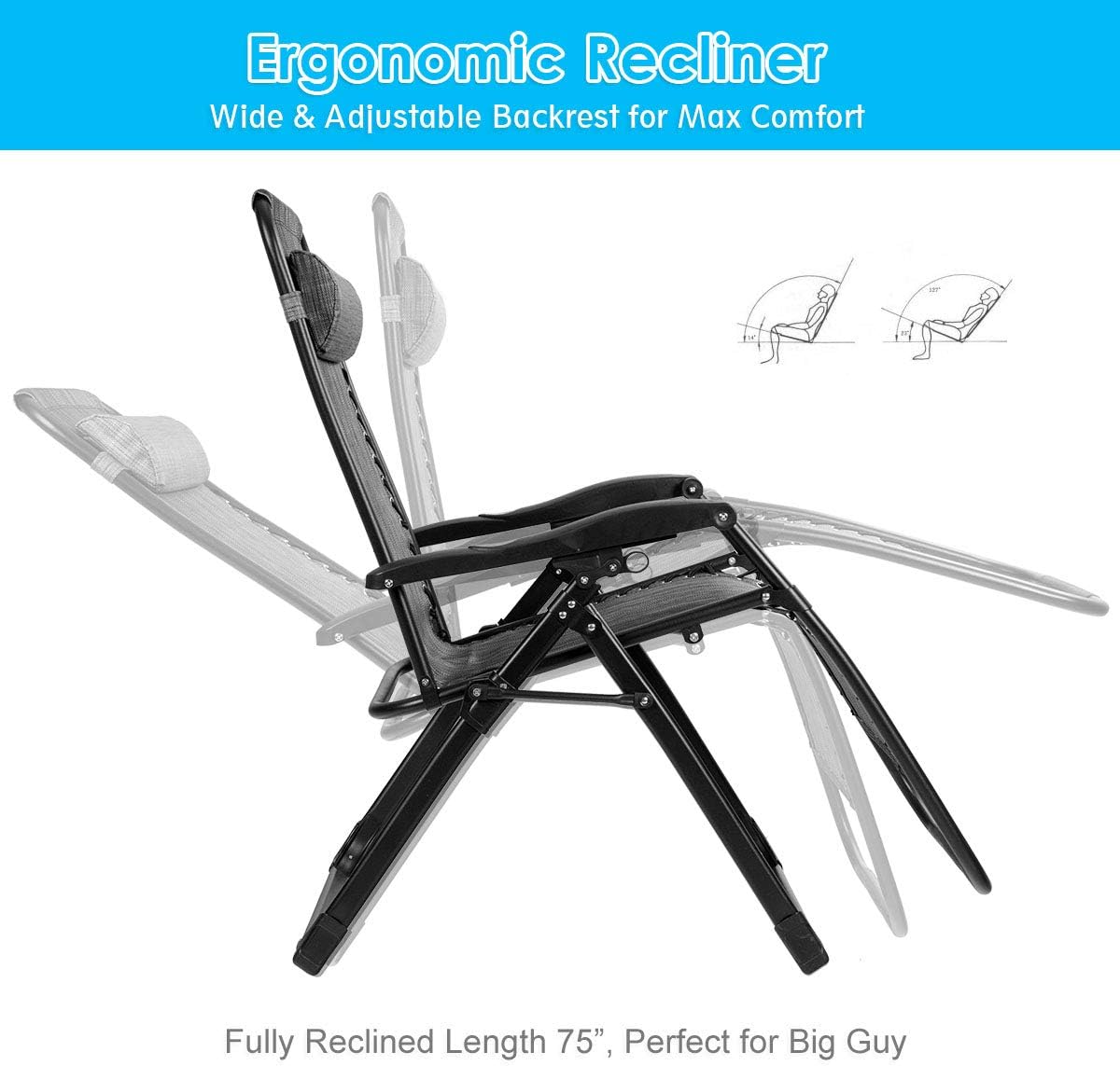 Goplus Oversized Zero Gravity Chair, XL-Extended Version, Outdoor Recliner w/Cup Holder & Detachable Headrest, Foldable Mesh Lounge Chairs for Patio Pool Porch & Deck, 500LBS (Gray)