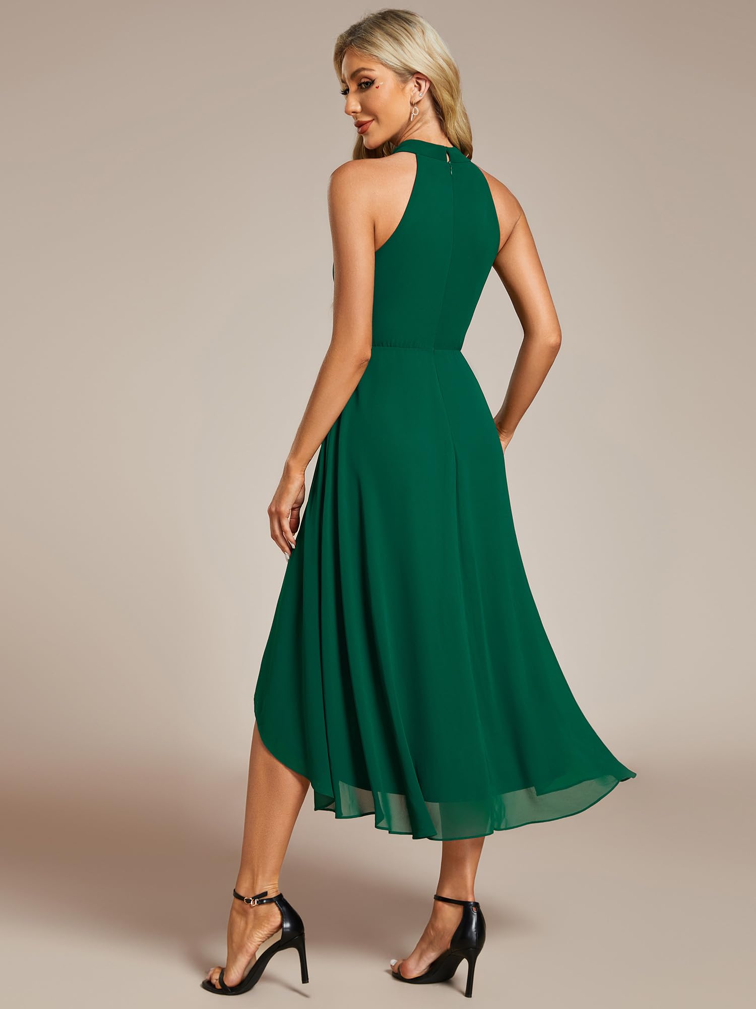 Ever-Pretty Abito Cerimonia Donna Spalle Scoperte Pieghe High Low Senza Maniche Chiffon al Ginocchio Abito da Ospite Orlo Irregolare Comodo EG31926