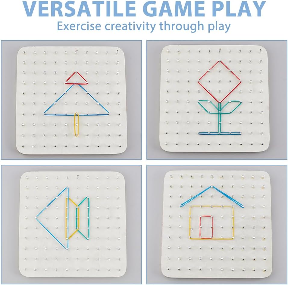 DICOSMETIC 2 Sets Wooden Geoboard Graphical Educational Games Graphical Math Pattern Blocks Geo Board Including 2Pcs 10x10 Wood Board, 20Pcs Pattern Cards and 96Pcs Rubber Band