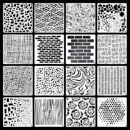 16 plantillas de patrón para manualidades de 6 x 6 pulgadas, plantillas de capas de ladrillo para pintar sobre madera, plantillas geométricas de medios mixtos, plantillas de textura para pintar en