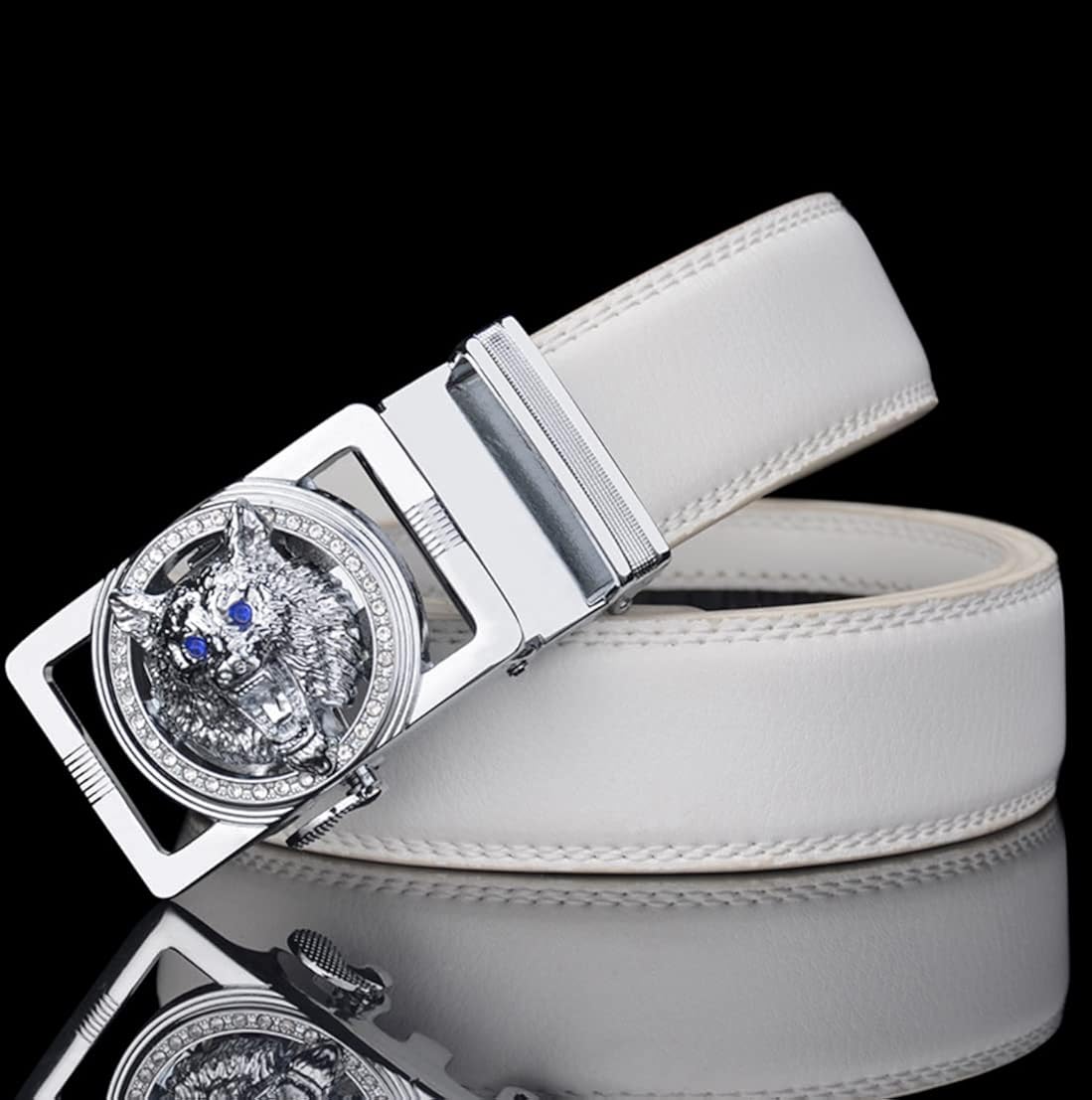 Vista 3 de NOOS Cinturones de lujo para hombre de cuero rojo hebilla de cabeza de lobo 138 pulgadas de ancho para vestir de hombre cinturón ajustable casual