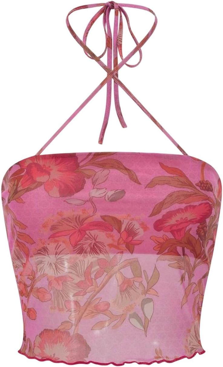 Women Summer Beach Tube Tops Sleeveless Floral Print Backless Aesthetic Slim Crop Tank