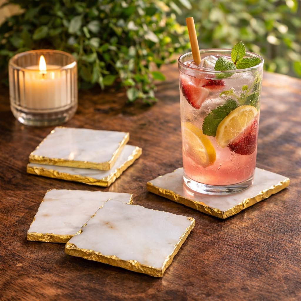 Luxury White Marble Square Coasters Set of 4 with Gold Foil Edges – Natural Stone Drink Coasters for Coffee Table, Elegant Marble Cup Coasters for Home Decor, Absorbent Stone Coaster Set for Drinks