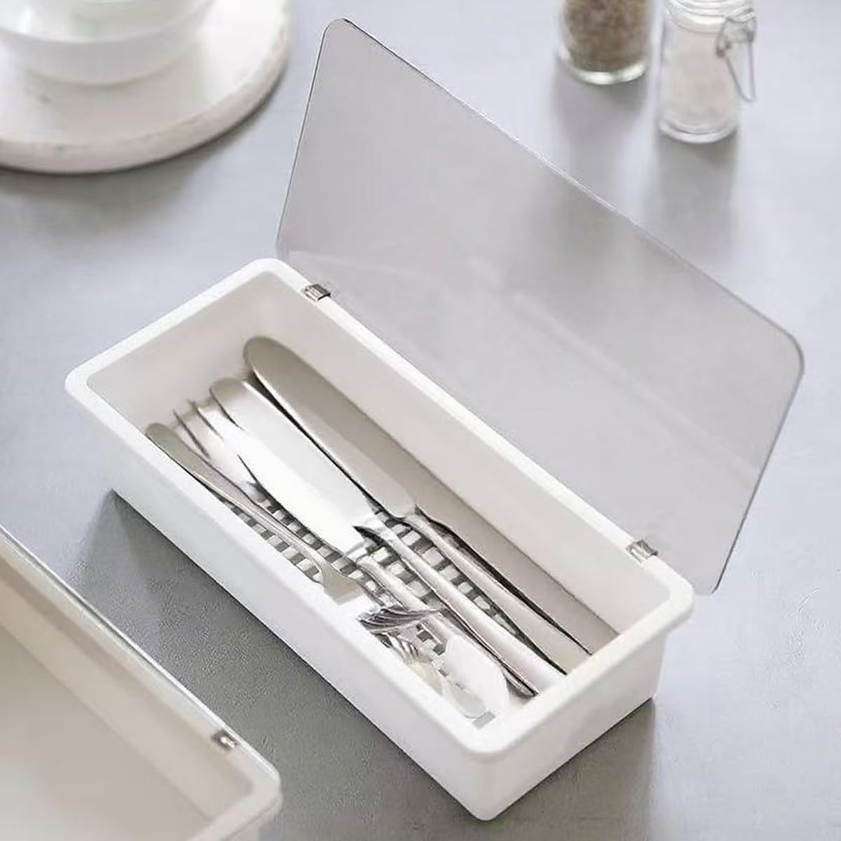 White Flatware Tray Kitchen Der Organizer With Lid And Drainer -