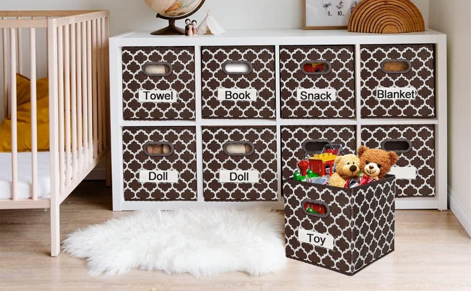 homyfort 13 Inch Cube Storage Organizer Bins-Foldable Fabric storage Cubes Bin Container Box with 2 Plastic Handles for Boys,Girls,Nusery,Clothes,Pantry Closet,Shelf,Kids Room Set of 4 (Deep Coffee)