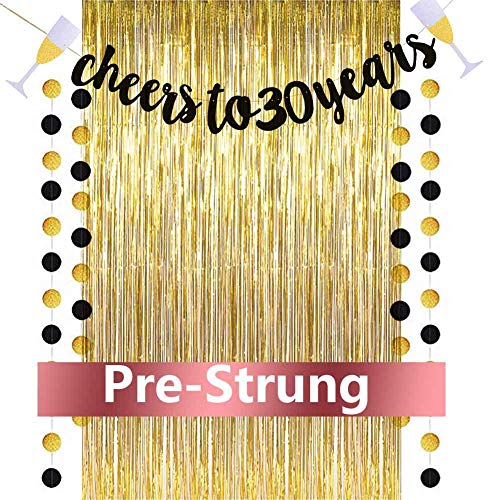 Cheers to 30 Years Banner, 30th Birthday Decorations for Women and Men, Gold Glitter Banner with Free 3.2 ft x 9.8 ft Metallic Tinsel Foil Fringe Curtains, Best Choice for Birthday Party Supplies