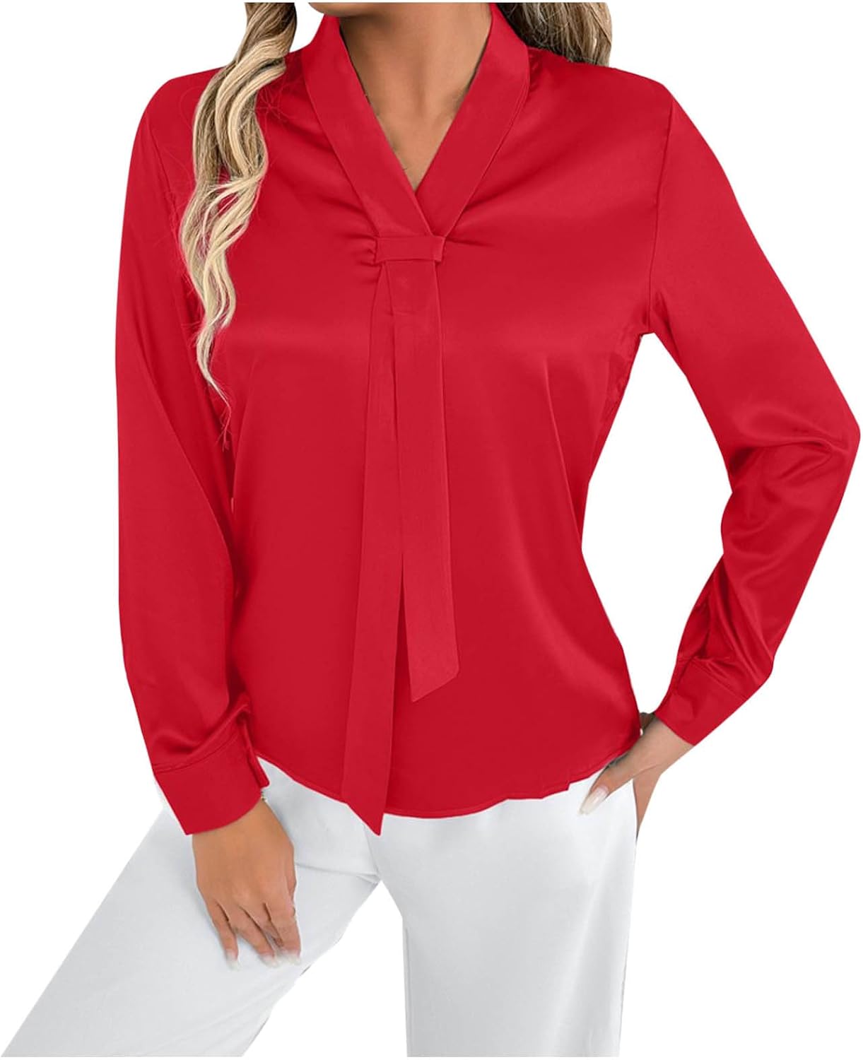 Womens Satin Blouses Business Casual Dressy Elegant Shirts V Neck Long Sleeve Tie Front Office Work Tops Clothes