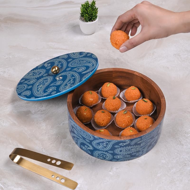Image of Wooden Chapati Box for Kitchen - Casserole for Roti with Stainless Steel Brass Lid | Wooden Chapati Box with 1 Tong | Traditional Kitchen Organizer - Blue (Printed)